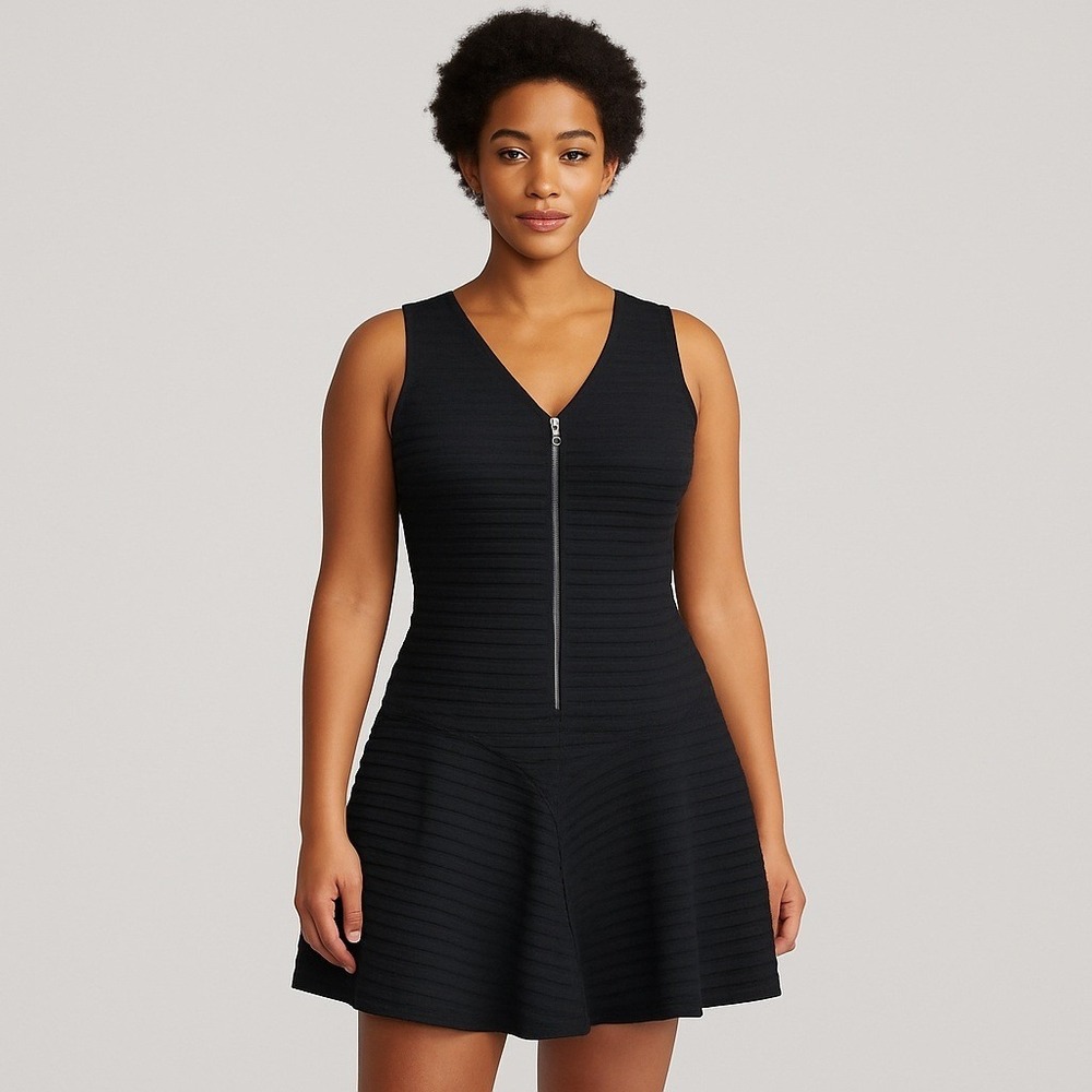 Theory 10 Sayidres Black Textured‎ Fit & Flare Dress Zip Front Sleeveless Mini